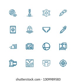 Editable 16 3d icons for web and mobile. Set of 3d included icons line Earth grid, Diaper, d printer, Reel, Panoramic view, Prism, d printing pen, d cube, Cube on white background