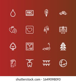 Editable 16 abstract icons for web and mobile. Set of abstract included icons line Network, Garlands, d, Observation, Electric tower, Car, d printer, Tree, d model, Flower on red