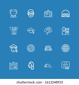 Editable 16 academic icons for web and mobile. Set of academic included icons line Diploma, Cap, Student, Graduation cap, Graduated, Graduation, Retrocognition on blue background