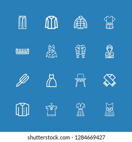 Editable 16 accessories icons for web and mobile. Set of accessories included icons line Dress, Fashion, Clothing, Cardigan, Scarf, Baby chair, Hair straightener on blue background