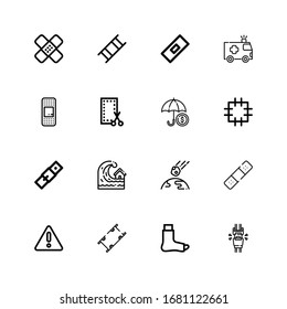 Editable 16 accident icons for web and mobile. Set of accident included icons line Seatbelt, Broken leg, Stretcher, Warning, Bandage, Collision, Tsunami, Belt on white background