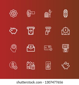 Editable 16 account icons for web and mobile. Set of account included icons line Piggy bank, Card, Calculate, Dollar, Atm, Bill, Earnings, Invoice, Payment, Collecting on red