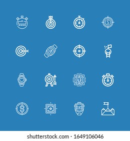Editable 16 accurate icons for web and mobile. Set of accurate included icons line Goal, Stopwatch, Target, Stopclock, Watch on blue background