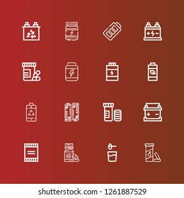Editable 16 acid icons for web and mobile. Set of acid included icons line Vitamin c, Powder, Vitamin, Battery, Vitamins, Proteins on red
