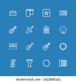 Editable 16 acoustic icons for web and mobile. Set of acoustic included icons line Accordion, Tambourine, Kettledrum, Metronome, Guitar, Piano, Musician, Jukebox on blue background