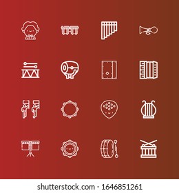 Editable 16 acoustic icons for web and mobile. Set of acoustic included icons line Drum, Tambourine, Harp, Plectrum, Parade, Accordion, Cajon, Horn, Flute, Bongos, Musician on red
