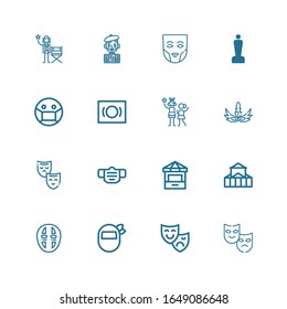Editable 16 actor icons for web and mobile. Set of actor included icons line Theater, Theatre mask, Mask, Ticket office, Idol, Oscar, Mime, Actor on white background