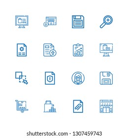Editable 16 add icons for web and mobile. Set of add included icons line Online shop, File, Shopping, Trolley, Diskette, Customer, Exclude, Add, Online shopping on white background