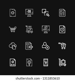 Editable 16 add icons for web and mobile. Set of add included icons line Trolley, Online shop, File, Shopping cart, Add user, Exclude, New file on black background