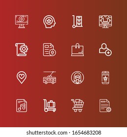 Editable 16 add icons for web and mobile. Set of add included icons line File, Shopping cart, Trolley, Online shopping, Customer, Favorite, Add user, Shopping, Online shop on red