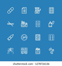 Editable 16 addiction icons for web and mobile. Set of addiction included icons line Drugs, Cigarette, Pills, Smoke bomb, Contraceptive pills, Smoking, Vials on blue background