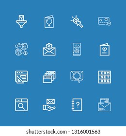 Editable 16 address icons for web and mobile. Set of address included icons line Email, Contacts, Browser, Domain, Invitation, Card, Mail, Contact, Cursor on blue background