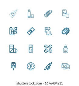 Editable 16 Adhesive Icons For Web And Mobile. Set Of Adhesive Included Icons Line Pharmacy, Caulk Gun, Saline, Glue, Plaster, Sling, Paper Clip, Bandage, Gauze On White Background