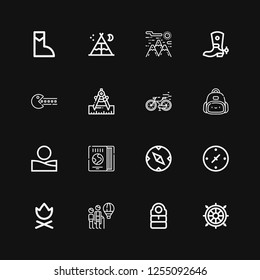 Editable 16 adventure icons for web and mobile. Set of adventure included icons line Helm, Sleeping bag, Hot air balloon, Campfire, Cardinal points, Compass on black background