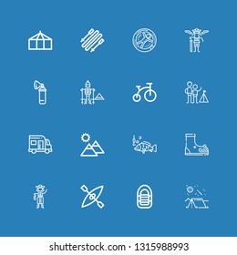 Editable 16 adventure icons for web and mobile. Set of adventure included icons line Camping, Inflatable boat, Kayak, Pirate, Boot, Fishing, Mountain, Caravan on blue background