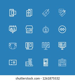 Editable 16 advertising icons for web and mobile. Set of advertising included icons line Influencer, Landing page, Real estate, Coupon, Billboard, Cartridge on blue background
