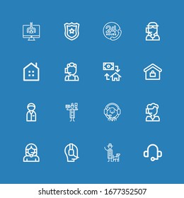 Editable 16 agent icons for web and mobile. Set of agent included icons line Headset, Detective, Operator, Call center, Policeman, Real estate, Mortgage, Customer service on blue background