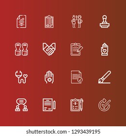 Editable 16 agreement icons for web and mobile. Set of agreement included icons line Check, Clipboard, Contract, Agreement, Signature, Done, Hand, Medical insurance, Handshake on red