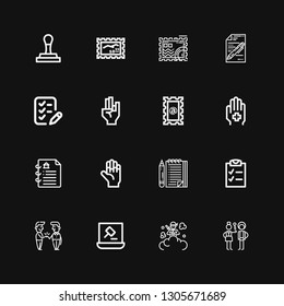 Editable 16 agreement icons for web and mobile. Set of agreement included icons line Check in, Smoke bomb, Auction, Handshake, Checklist, List, Hand, Contract on black background