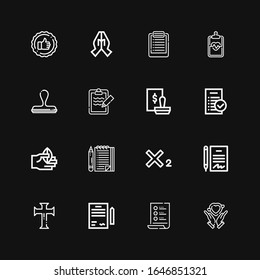 Editable 16 agreement icons for web and mobile. Set of agreement included icons line Hands, List, Contract, Cross, Subscript, Hand, Tasks, Stamp, Clipboard on black background