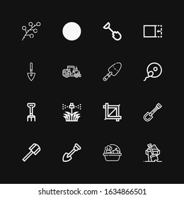 Editable 16 agricultural icons for web and mobile. Set of agricultural included icons line Sand, Harvest, Shovel, Crop, Sprinkler, Rake, Fertilization, Tractor on black background