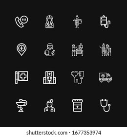 Editable 16 aid icons for web and mobile. Set of aid included icons line Stethoscope, Medicine, Doctor, Pharmacy, Ambulance, Blood donation, Hospital, Red cross on black background