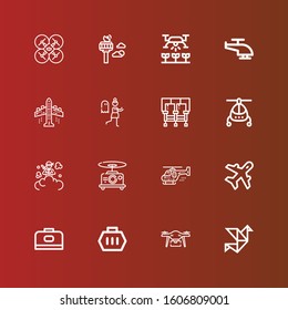 Editable 16 aircraft icons for web and mobile. Set of aircraft included icons line Origami, Drone, Carrier, Aviation, Helicopter, Smoke bomb, Seats, Terror, Aeroplane, Control tower on red