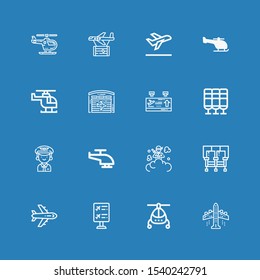 Editable 16 airline icons for web and mobile. Set of airline included icons line Aeroplane, Helicopter, Flight information, Airplane, Seats, Smoke bomb, Pilot on blue background