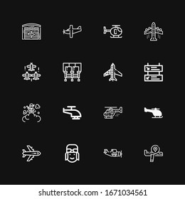 Editable 16 airline icons for web and mobile. Set of airline included icons line Airplane, Aeroplane, Pilot, Helicopter, Smoke bomb, Departures, Planes, Seats on black background