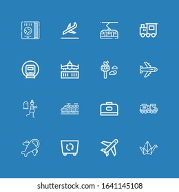 Editable 16 airplane icons for web and mobile. Set of airplane included icons line Origami, Plane, Container, Airplane, Train, Carrier, Terror, Control tower on blue background