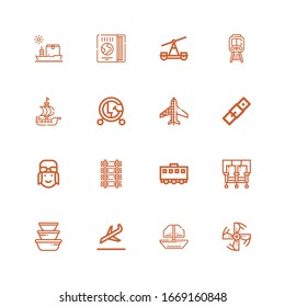 Editable 16 airplane icons for web and mobile. Set of airplane included icons line Engine propeller, Boat, Landing, Container, Seats, Train, Railway, Pilot on white background