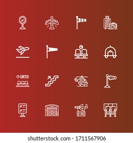 Editable 16 airport icons for web and mobile. Set of airport included icons line Seats, Plane, Hangar, Flight information, Wind signal, Helicopter, Stairs, Waiting room on red