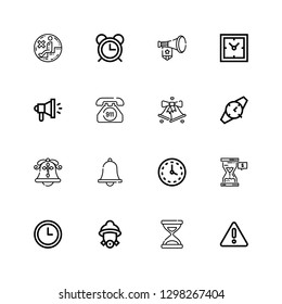 Editable 16 alarm icons for web and mobile. Set of alarm included icons line Warning, Time, Firefighter, Wall clock, Hourglass, Notification, Bell, Watch, Emergency call on white background