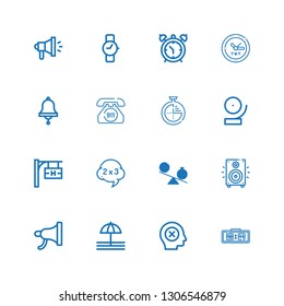 Editable 16 alarm icons for web and mobile. Set of alarm included icons line Digital clock, Failure, Bell, Megaphone, Loudspeaker, Time, Problem, Hotel signal on white background