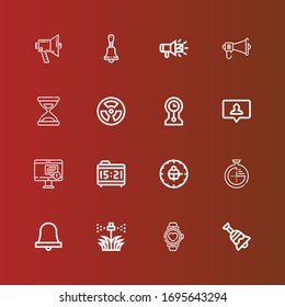 Editable 16 alarm icons for web and mobile. Set of alarm included icons line Bell, Watch, Sprinkler, Timer, Clock, Alarm clock, Notification, Clocks, Radiation, Time, Megaphone on red