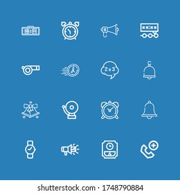 Editable 16 alarm icons for web and mobile. Set of alarm included icons line Emergency call, Wall clock, Megaphone, Wristwatch, Notification, Clock, Alarm, Bell on blue background