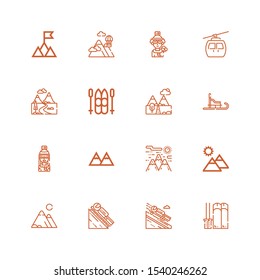 Editable 16 alpine icons for web and mobile. Set of alpine included icons line Ski, Luge, Mountains, Mountain, Skier, Cableway on white background