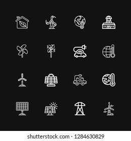 Editable 16 alternative icons for web and mobile. Set of alternative included icons line Windmill, Electric tower, Solar panel, Global warming, Electric car on black background