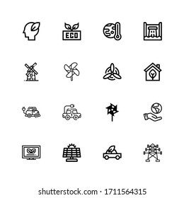 Editable 16 iconos alternativos para web y móvil. Conjunto de iconos alternativos incluidos línea Torre eléctrica, coche ecológico, panel solar, ecología, ecología, molino de viento sobre fondo blanco