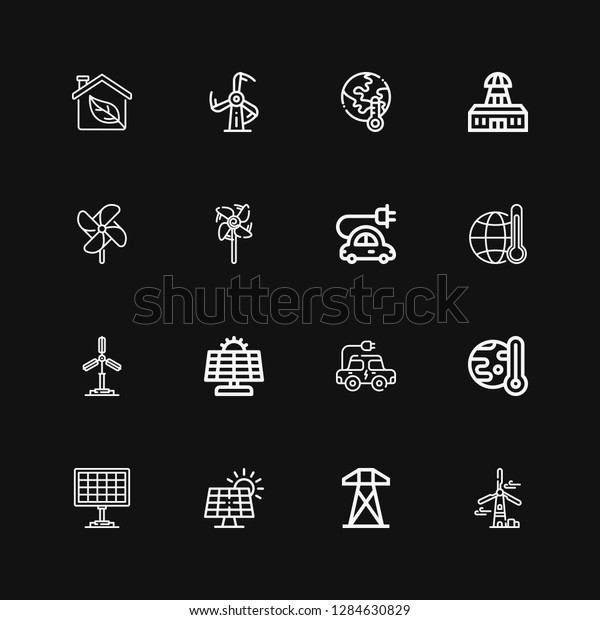 Editable 16\
alternative icons for web and mobile. Set of alternative included\
icons line Windmill, Electric tower, Solar panel, Global warming,\
Electric car on black\
background