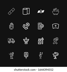 Editable 16 ambulance icons for web and mobile. Set of ambulance included icons line Pharmacy, Nurse, Saline, Blood donation, Medicine, Caduceus, Ambulance on black background