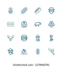 Editable 16 american icons for web and mobile. Set of american included icons line Baseball, Hotdog, Basketball, Cowboy, Tomahawk, Dc, Buffalo, Cowboy hat on white background
