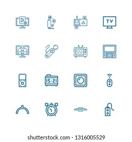 Editable 16 analog icons for web and mobile. Set of analog included icons line Controller, Tv, Alarm clock, Noon, Dimmer, Recorder on white background