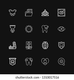 Editable 16 anatomy icons for web and mobile. Set of anatomy included icons line Eye, Tooth, Jolly roger, Brain, Skull, Arm, Platelet, Visibility, Body on black background