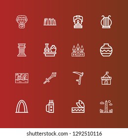 Editable 16 ancient icons for web and mobile. Set of ancient included icons line Obelisk, Headdress, Quiver, Gateway arch, Castle, Scythe, Sword, Stonehenge, Vase, Column on red