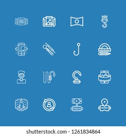 Editable 16 angle icons for web and mobile. Set of angle included icons line Virtual reality, Rotate, Panoramic, Hook, Protractor, Tilt, Panorama, Panoramic view on blue background