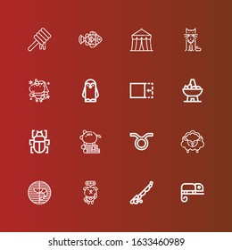Editable 16 animal icons for web and mobile. Set of animal included icons line Chameleon, Fishing rod, Dog, Prawn, Sheep, Taurus, Piggy bank, Fleas, Bowl, Crop, Penguin on red