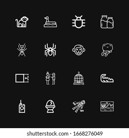 Editable 16 animal icons for web and mobile. Set of animal included icons line Savannah, Scuba diving, Egg, Bug detector, Crocodile, Cage, Flirty, Crop, Frog on black background