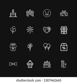 Editable 16 anniversary icons for web and mobile. Set of anniversary included icons line Fireworks, Cake, Muffin, Bow, Offer, Balloons, Sparkler, Present, Gift on black background