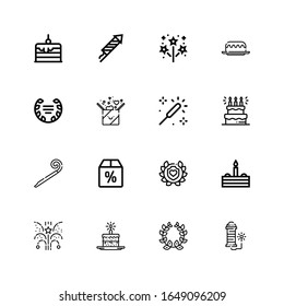 Editable 16 anniversary icons for web and mobile. Set of anniversary included icons line Fireworks, Laurel, Cake, Offer, Party blower, Sparkle, Gift, Firework on white background
